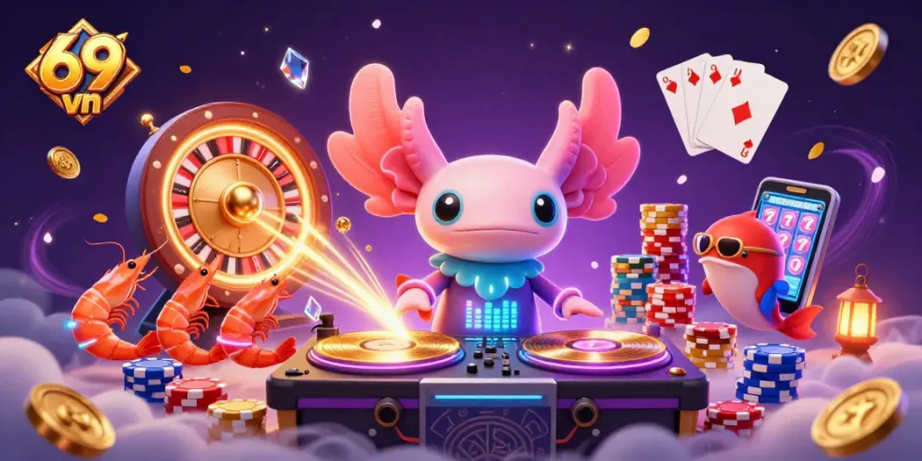 Experience exhilarating fun with 69 vn in this vibrant 3D gaming scene showcasing dynamic characters and casino elements.