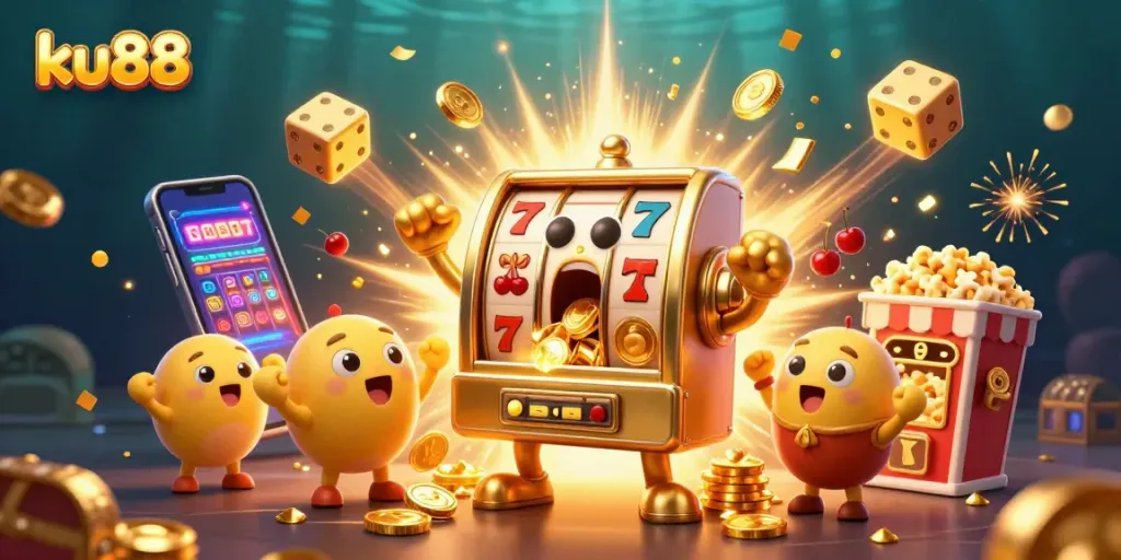 ku88 slot machines celebrating a jackpot win with colorful casino elements surrounding them