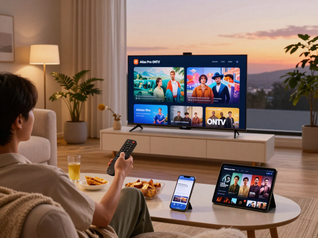 Profitez des chaînes Atlas Pro sur une Smart TV dans un salon moderne, ambiance relaxante.