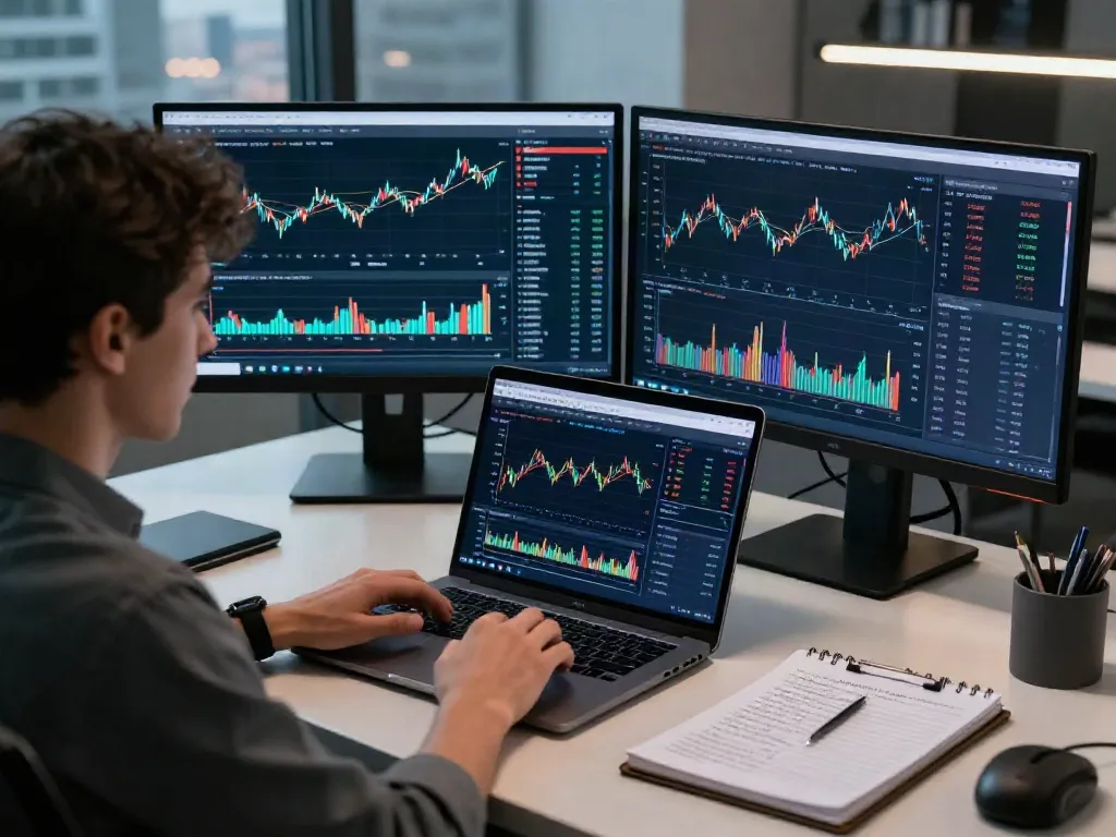 Interface Couponeau affichée sur un ordinateur dans un environnement de trading professionnel avec des graphiques financiers en arrière-plan.