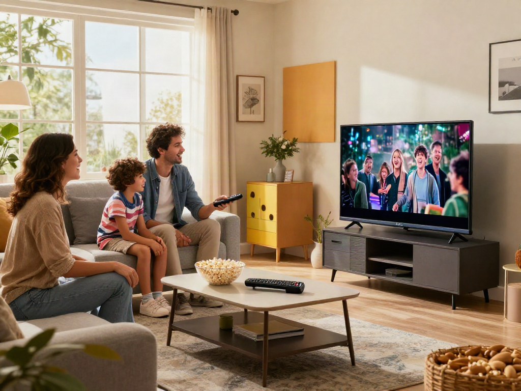 Une famille partageant un moment de joie autour de la télévision Iron, avec un salon moderne et lumineux.