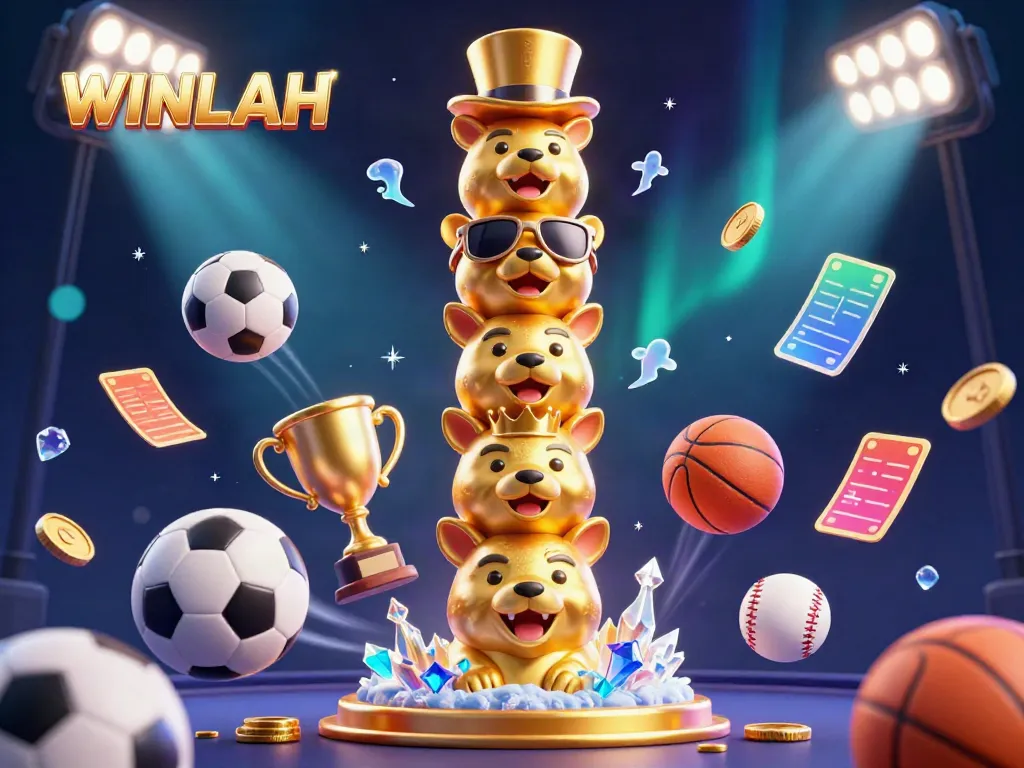 Experience the excitement of WINLAH casino with vibrant characters and dynamic sports elements illuminating the theme.