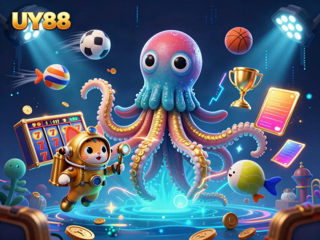 Experience thrilling gameplay with UY88 in a vibrant casino-themed 3D illustration featuring a kraken, diving cat, and energetic game elements.