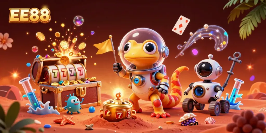Experience EE88's thrilling gaming adventure in this vibrant 3D illustration of a Martian gecko and robot beside a golden casino.