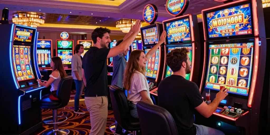 Suasana bermain slot gacor di kasino dengan teman-teman yang bersorak.
