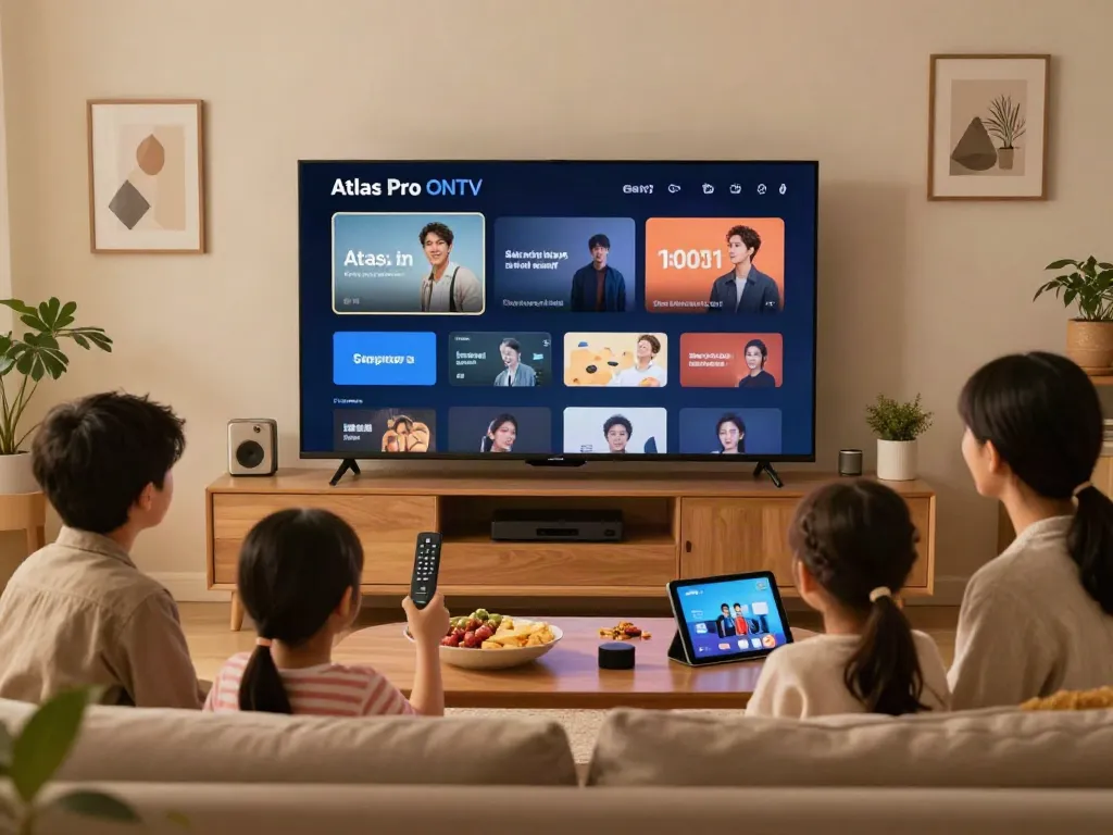 Famille utilisant l'application Atlas Pro ONTV dans leur salon confortable.