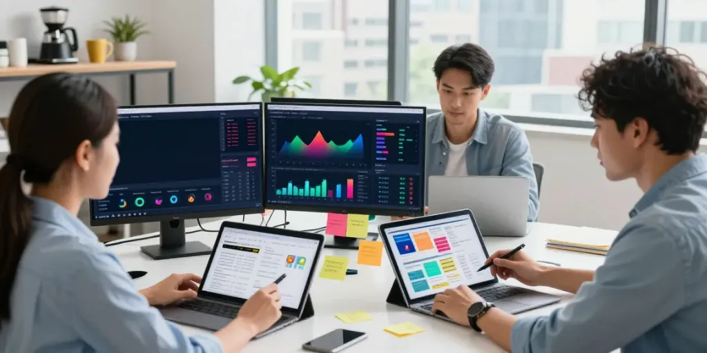 Marketing team analyzing data and strategies to buy views for social media growth in modern office.