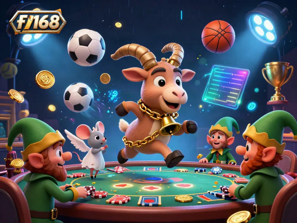 An immersive gaming scene with the f 168 brand, showcasing a festive casino atmosphere featuring a Krampus goat, an angel mouse, and elf gremlins.
