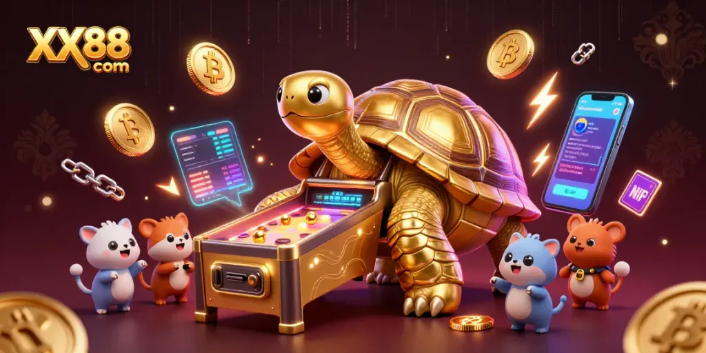 Engage in thrilling games at XX88 com with a golden tortoise pinball machine surrounded by crypto coins and excited players.