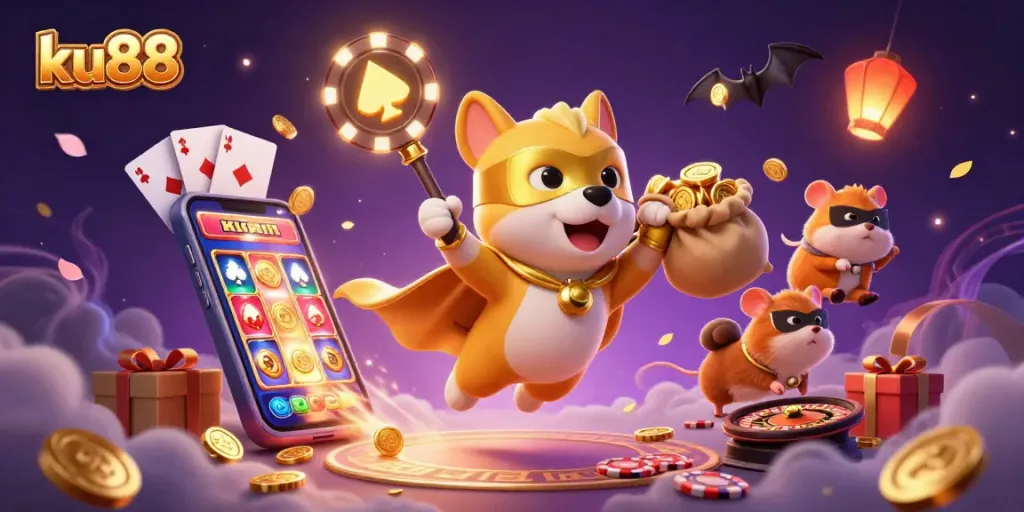 Ku88 offers thrilling online gaming with a superhero dog flying amid vibrant casino elements.
