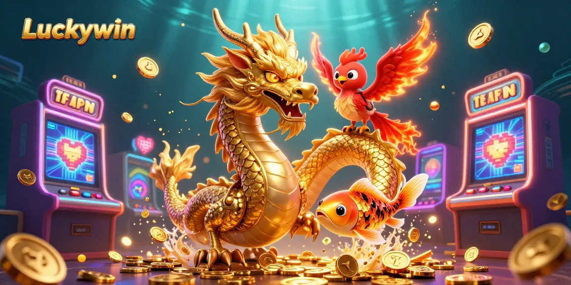 Engage in the Luckywin casino adventure with a dragon, phoenix, and koi fish amidst vibrant slot machines.