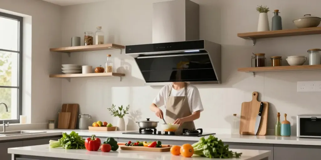 hotte aspirante sans évacuation installée dans une cuisine moderne et élégante avec un cuisinier préparant des ingrédients frais.