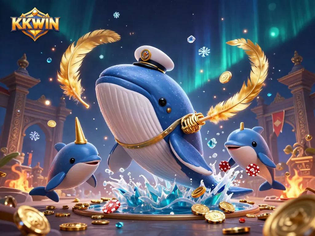 Experience KKWIN's winning adventure with a whale breaching through coins and playful dolphins.
