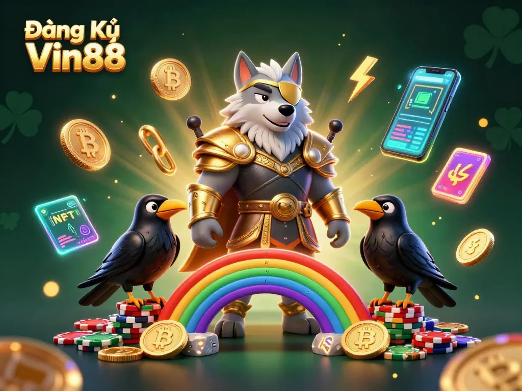 Bet on fun and excitement with Đăng Ký Vin88, featuring a mythical scene of Odin and ravens amid casino elements.