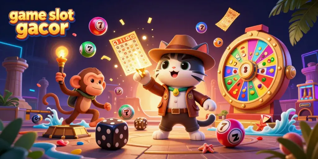 Engage with game slot gacor as an archaeologist cat unearths treasures amid a vibrant casino scene.