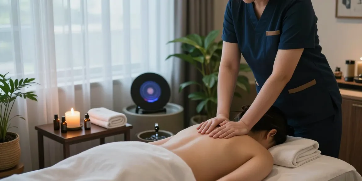 Soothing scene of 성북구출장안마 with a therapist providing a relaxing massage in a tranquil studio.