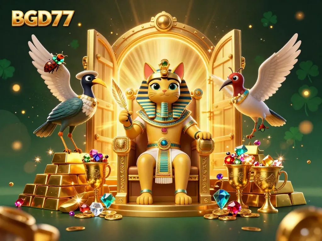 Engage with the vibrant BGD77 casino, showcasing the Egyptian pharaoh cat and treasures overflowing in gold.