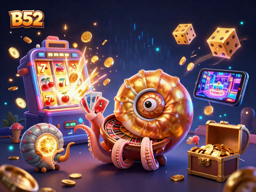 Engage in thrilling casino action with B52 featuring a giant nautilus roulette wheel and vibrant game elements.