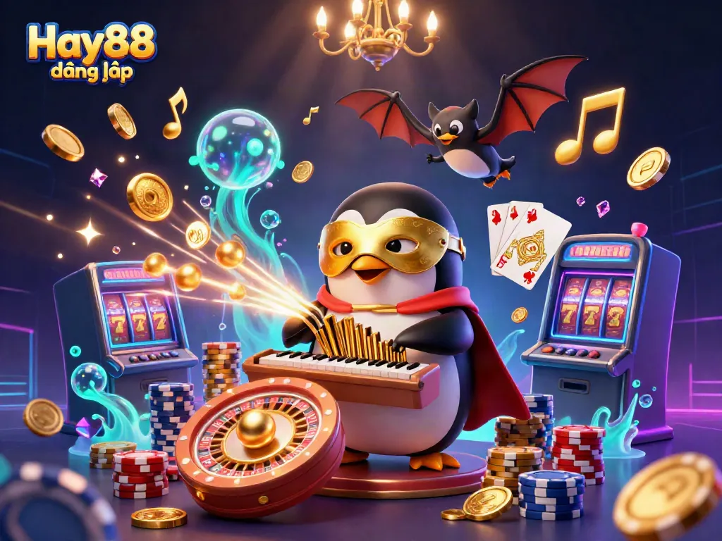 Join the fun with Hay88 đăng nhập as a phantom penguin entertains in a vibrant casino scene.
