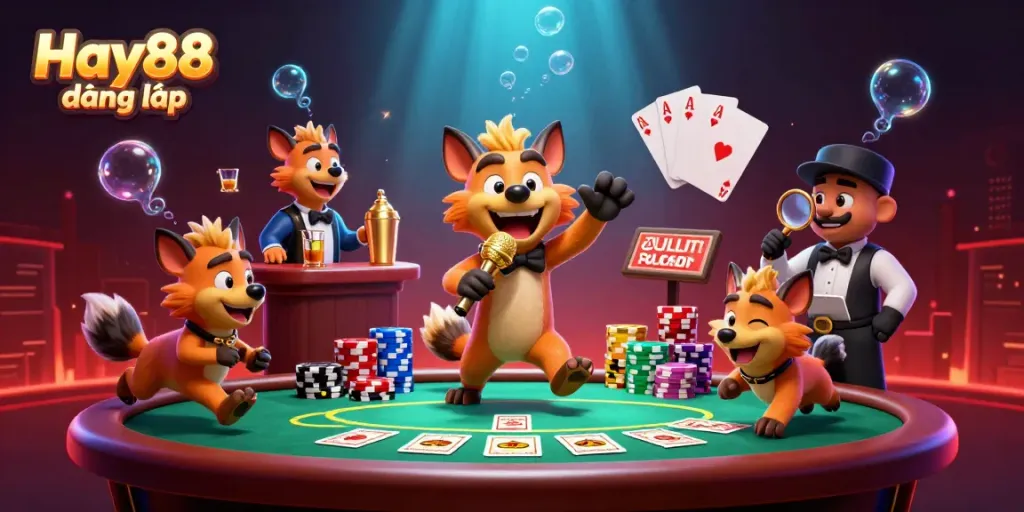 Engage with the lively scene of Hay88 đăng nhập featuring humorous hyenas in a vibrant casino atmosphere