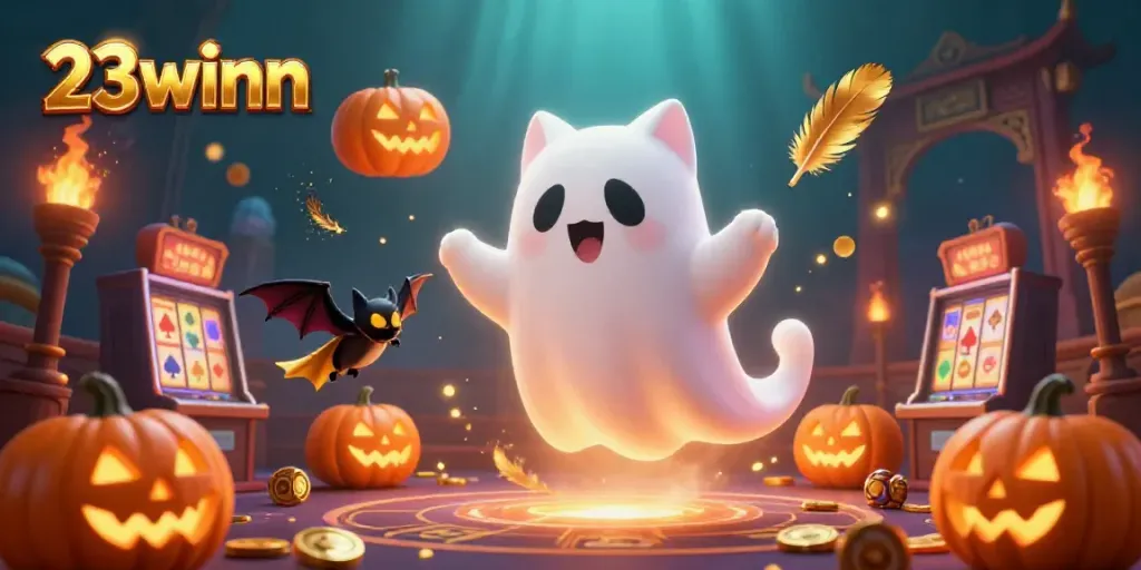 Experience the excitement at 23winn with a lively casino scene featuring a ghost cat and golden tokens.
