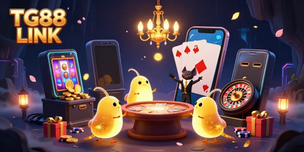 Experience thrilling gaming at TG88 LINK with vibrant glowworms illuminating a cave casino scene.