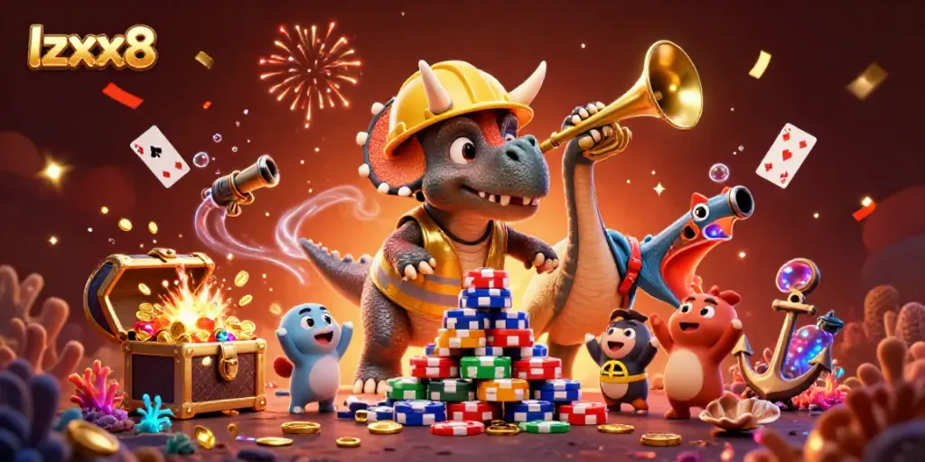 Experience the excitement of lzxx8 with our vibrant 3D casino-themed illustration showcasing fun characters and gaming elements.