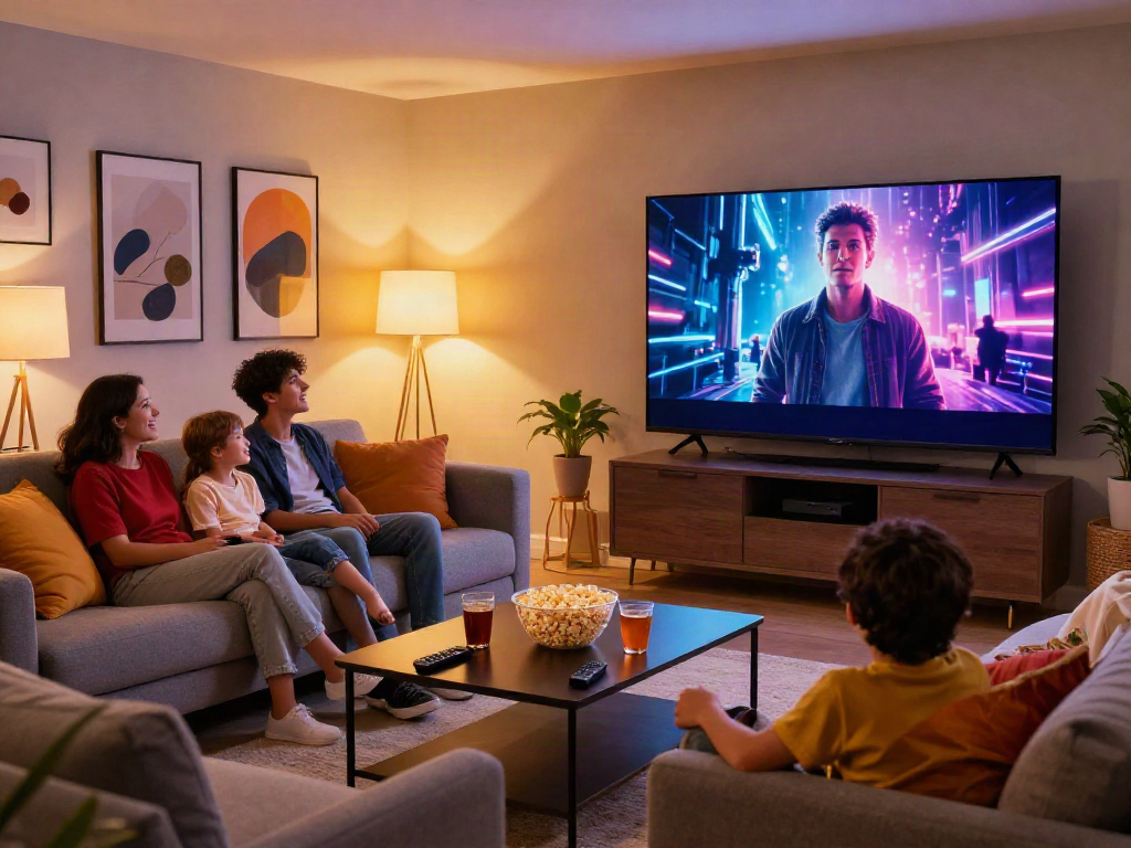 Family enjoying a movie night on Iron TV in a cozy living room.
