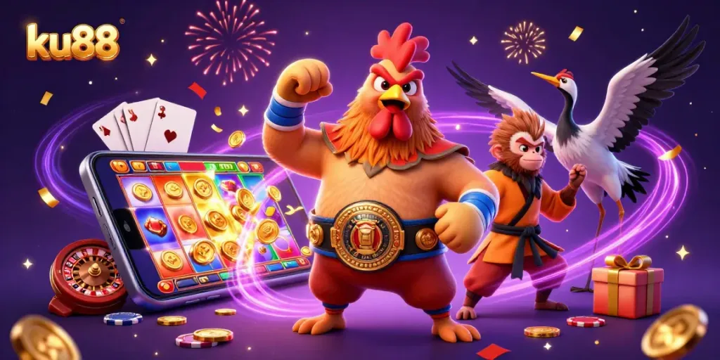 Experience the excitement of ku88 with dynamic casino illustrations showcasing vibrant characters and gaming elements.