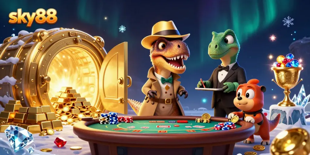 Engage with exciting games at sky88, featuring a velociraptor card counter and vibrant casino elements.